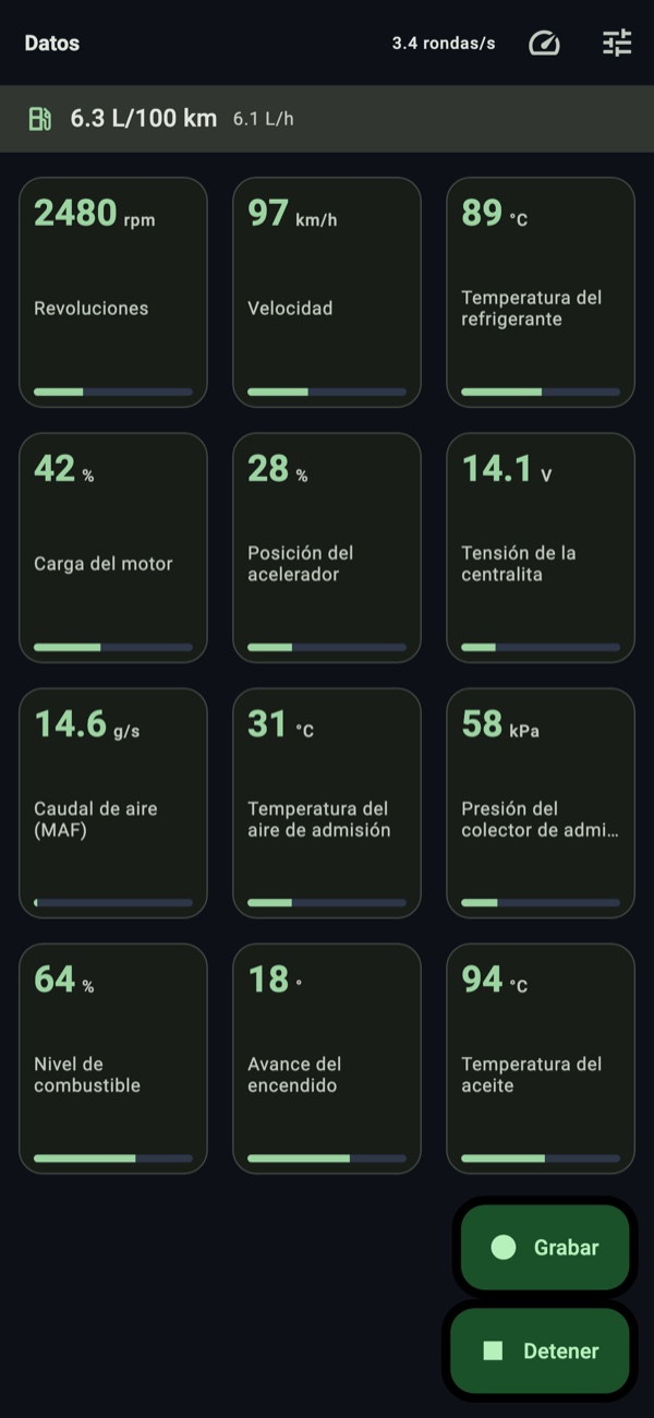 Datos en vivo del motor en Obdia