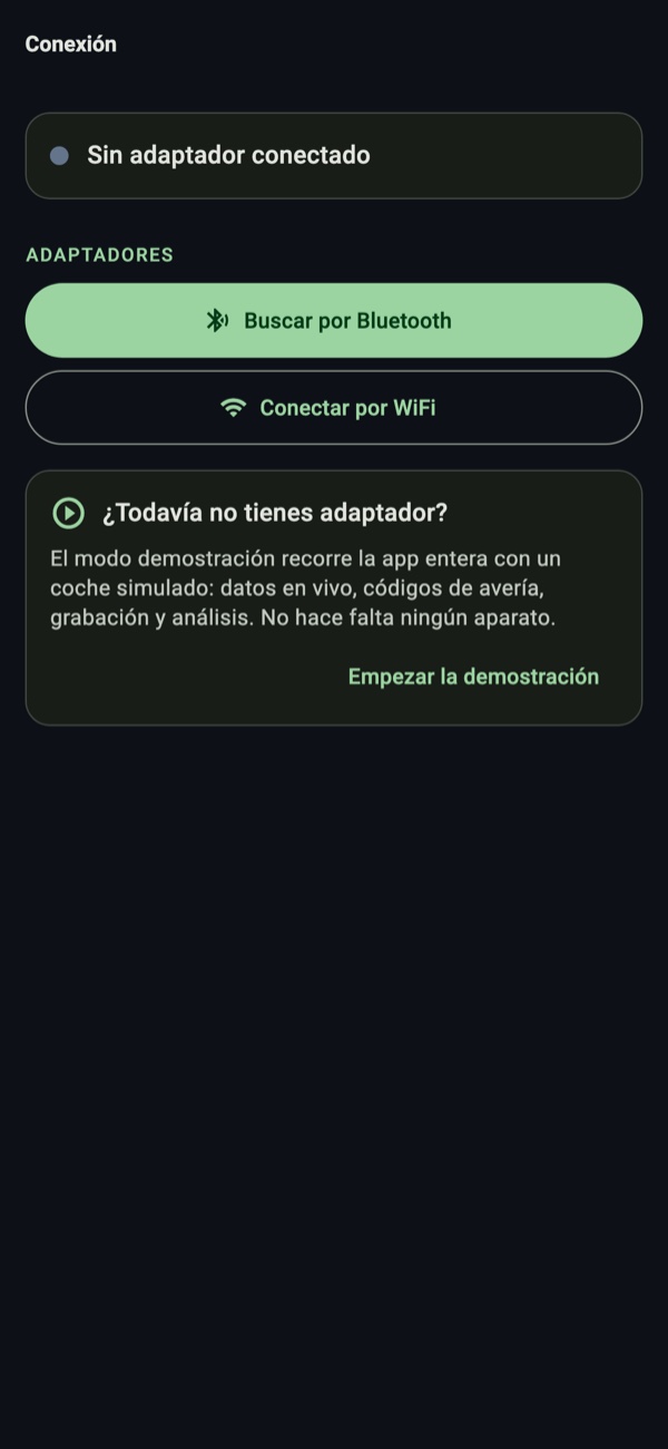 Pantalla de conexión con el modo demostración
